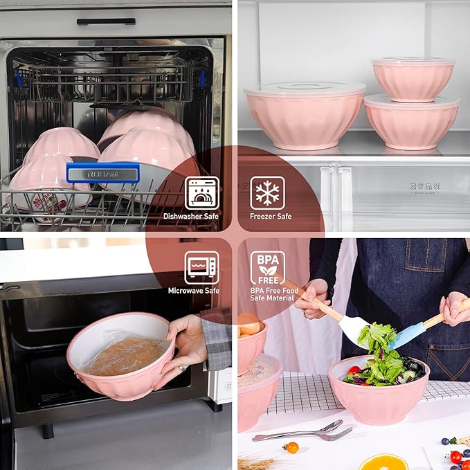 BoxedHome Mixing Bowls with Lids Set, 4PK Large 0.2” Thick Plastic Nesting Mixing Bowl, Microwave Safe,Size 1.37,2.32,3.8 and 5.07qt, Pink