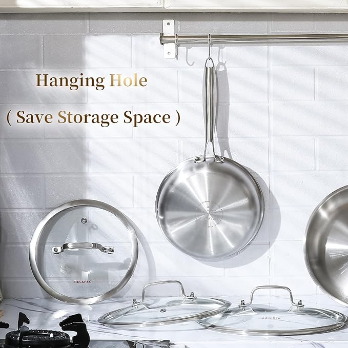 DELARLO Tri-ply Stainless Steel Kitchen Cookware Frying Pan Set with Lid 8" 10" 12" Induction large Skillets Chef's Pan,Pots and Pans Set Kitchen Cookware Set Suitable for All Stove