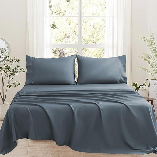Bedlifes 1000 Thread Count 100% Egyptian Cotton King Size Sheets Set - Sateen Soft Silky Breathable Luxury Cooling 4 Pieces (Lake Blue)