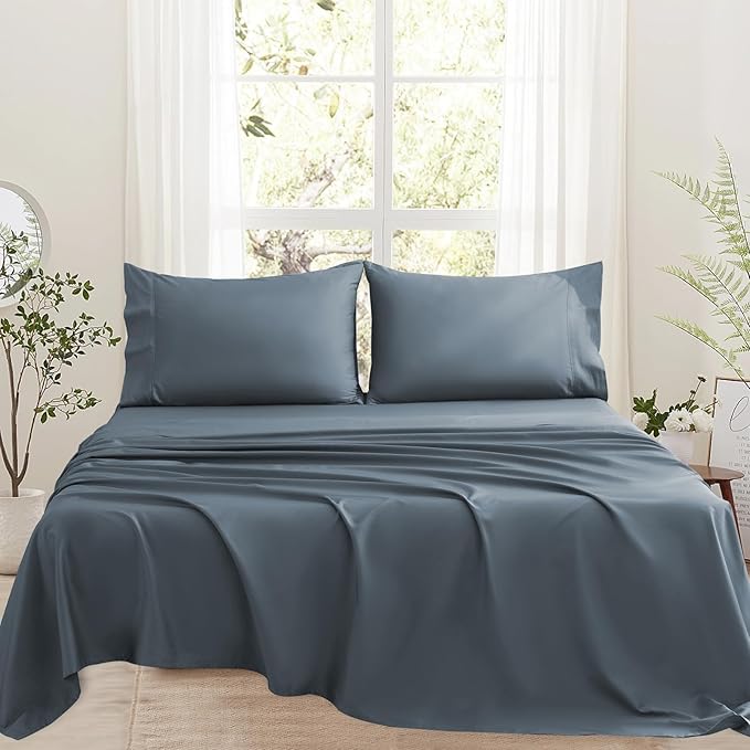 Bedlifes 1000 Thread Count 100% Egyptian Cotton California King Size Sheets Set - Sateen Soft Silky Breathable Luxury Cooling 4 Pieces (Lake Blue)