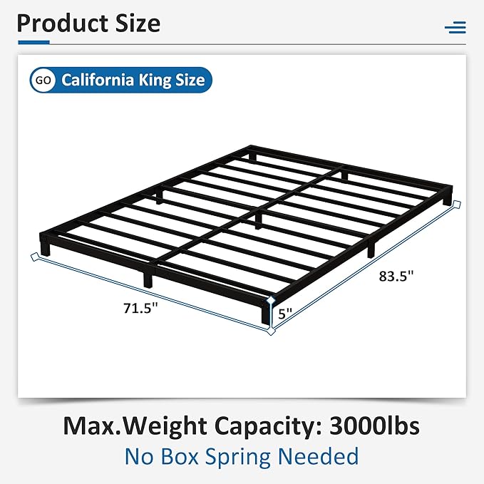 5 Inch Low California King Bed Frames Heavy Duty Metal Platform, No Box Spring Needed, Easy Assembly Mattress Foundation, No Noise, Black
