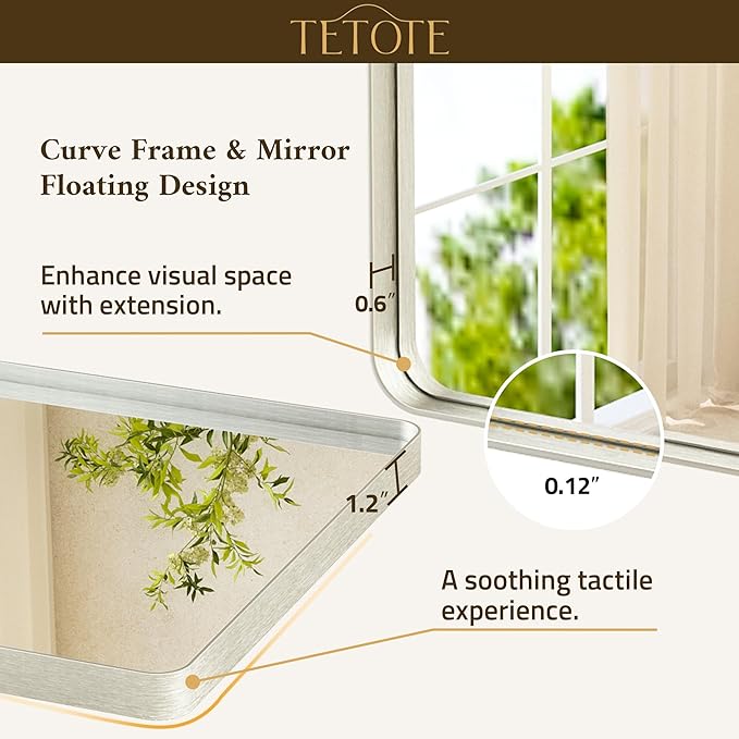 TETOTE Brushed Nickel Bathroom Mirror 48 x 24 Inch Brushed Nickel Metal Framed Bathroom Mirror, Tempered Glass, Modern Farmhouse Wall Mounted Mirror for Decorative(Horizontal/Vertical)