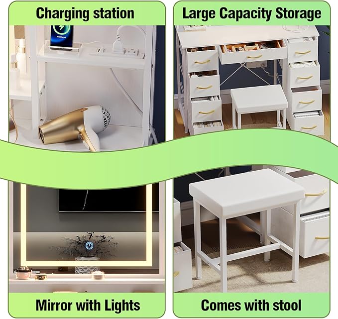 Vanity Desk with Mirror and Lights Charging Station Modern Industrial Dressing Table with 9 Fabric Drawers and Open Storage Shelves,Makeup Vanity Table for Woman Bedroom (White)