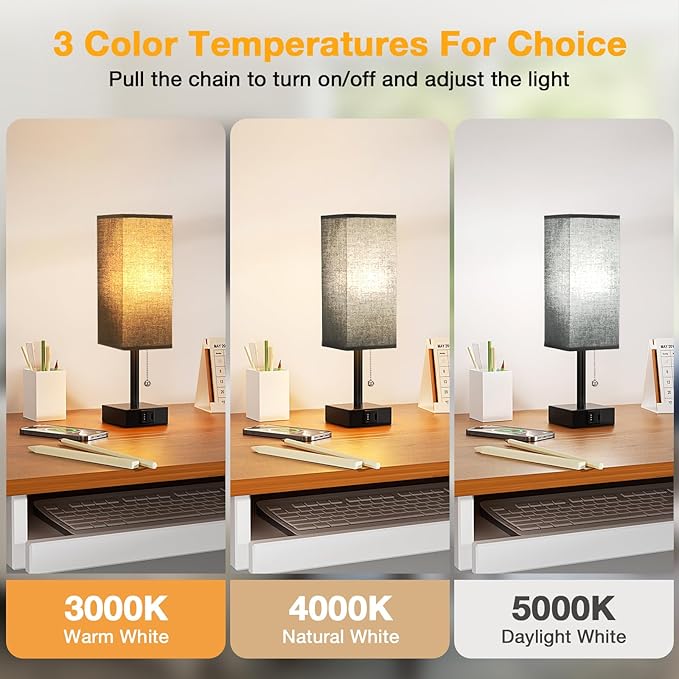 Black Small Table Lamp for Bedroom - 3 Color Temperature 3000K 5000K 4000K Bedside Lamp, Pull Chain Control, USB A and C Charging Ports, Black Base, for Kids Office Dorm Nightstand, Bulb Included