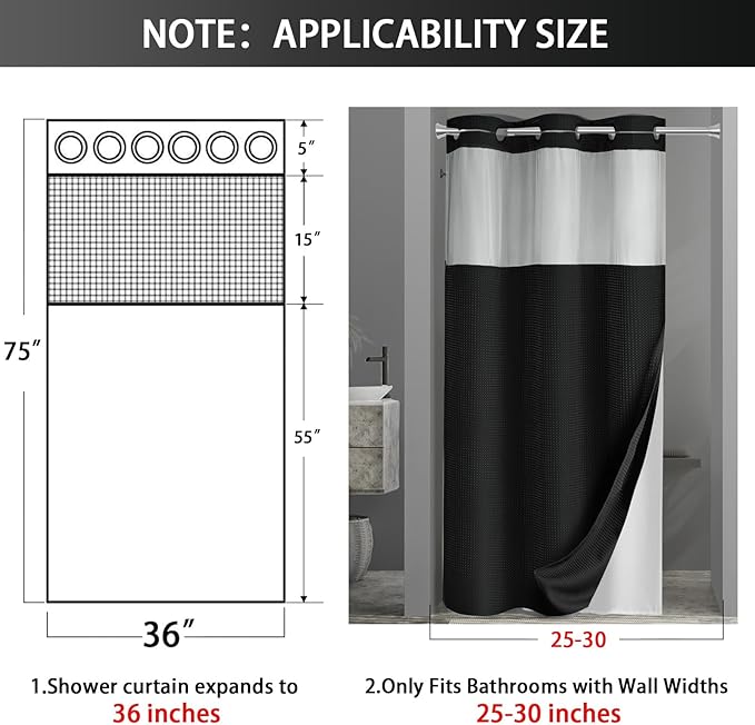 YellyHommy Stall No Hook Shower Curtain with Snap in Liner Set Less Time Black Waffle Shower Curtain for Bathroom 75" L x 36" W