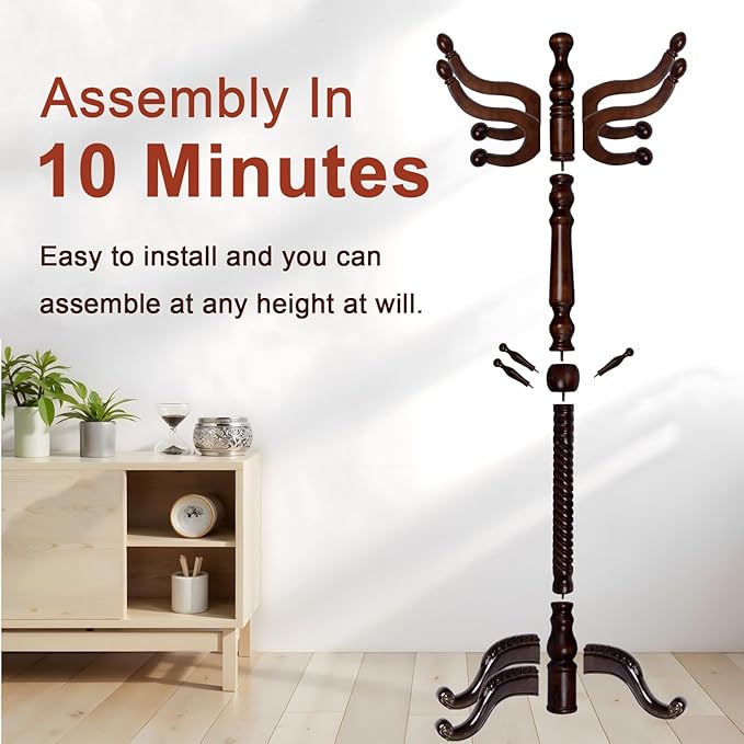 Coat Racks Freestanding, Natural Wood Coat Stands with 14 Hooks, 75" Heavy Duty Adjustable Height Vintage Hall Tree for Entryway, Bedroom, Office, Easy Assembly (Triangular Dark Brown)