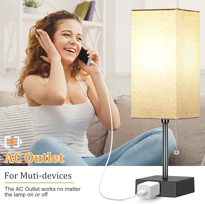 15'' Table Lamp for Bedroom set of 2,3-Color Bedside Lamps with Pull Chain Table Lamps for Night stands with AC Outlet,Small Night Light Lamps with 2 Bulbs Lamps for Living Room Kids Room Office Decor