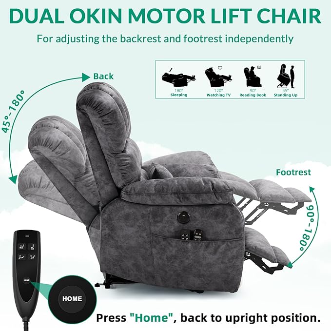 VIVIJASON Tall Man Large Dual Motor Power Lift Recliner Chair with Extended Footrest, Overstuffed Lay Flat Sleeper Electric Recliner W/Heat & Massage, Lumbar Pillow, USB & Type-C Ports, Plush Gray