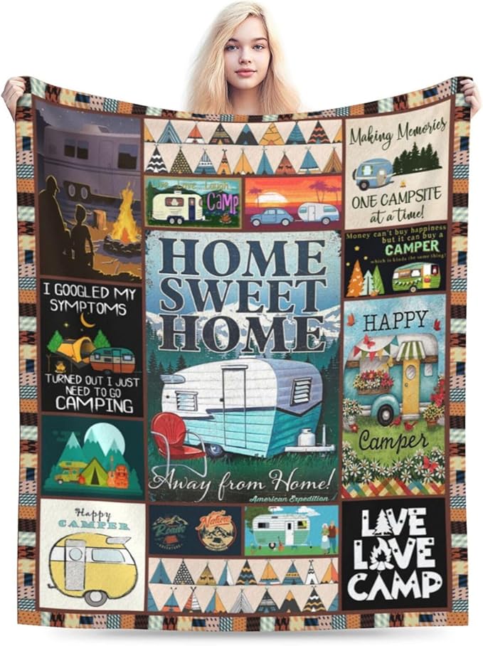 Camping Blanket Soft Warm Plush Throw Blanket Happy Camper RV Gifts for Camper Lover Cozy Lightweight Flannel Fleece Stuff Decor Blanket for Girls Boys Kids Adults Women Bed Travel 60"x80"