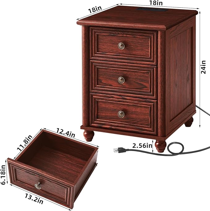 18" Farmhouse Night Stand Set 2, RedOak 3 & 3 Drawers Wood Nightstand, Bedside End Table with Storage and Roman Column, Bed Side Tables Cabinet for Bedroom, Living Room, and Closet