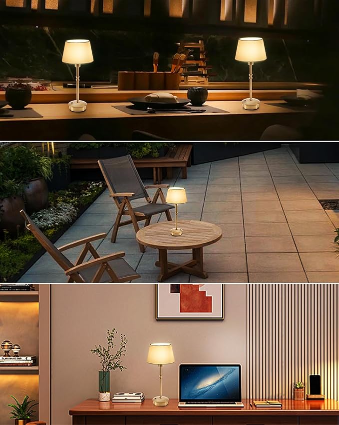 UMEXUS Cordless Lamp Rechargeable Table Lamps, 5000mAh Battery Operated Lights, 3 Level Brightness Dimmable, Portable Night Bedside Light for Patio, Restaurant, Dining, Fabric Shade, Antique Brass