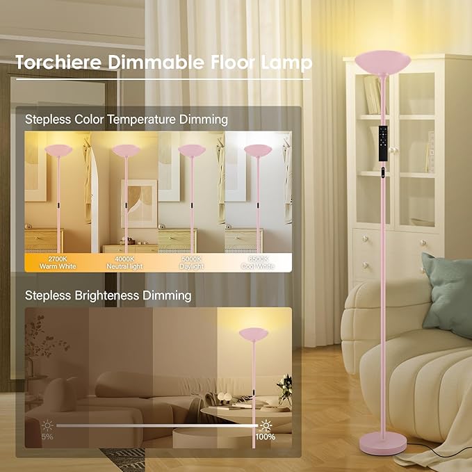 Stepless Dimmable Floor Lamp,30W 3000LM Super Bright LED Torchiere Floor Lamps with Remote & Touch Control,71 in Tall Modern Standing Lamp for Living Room Bedroom Office,2700k-6500k,Pink