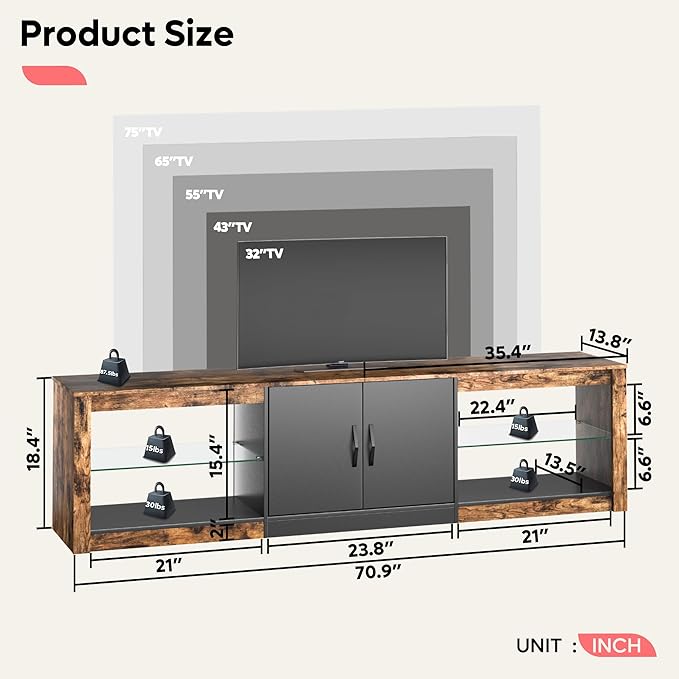 Bestier 70 Inch Led TV Stand for Large TVs - Modern Rustic Brown Entertainment Center with Adjustable Glass Shelves, Two Cabinets, 22 RGB Modes for Living Room Gaming