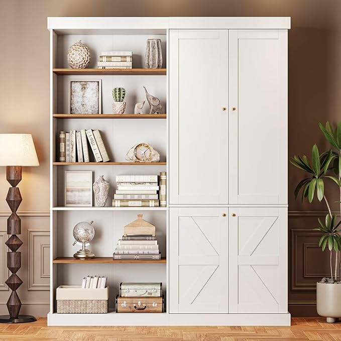 Vyre 70.8" Tall Farmhouse Bookshelf with Doors, Modular Bookcase with 6-Tier Adjustable Shelves, Large Storage Cabinet for Kitchen, Living Room, White, Set of 2