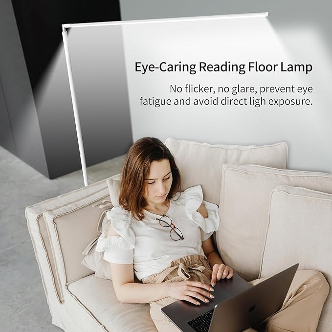 LED Reading Floor Lamp, White Standing Lamp with Touch Control Dimmable 5 Color Temperature, Eye-Caring Bright Floor Reading Light for Bedroom Office