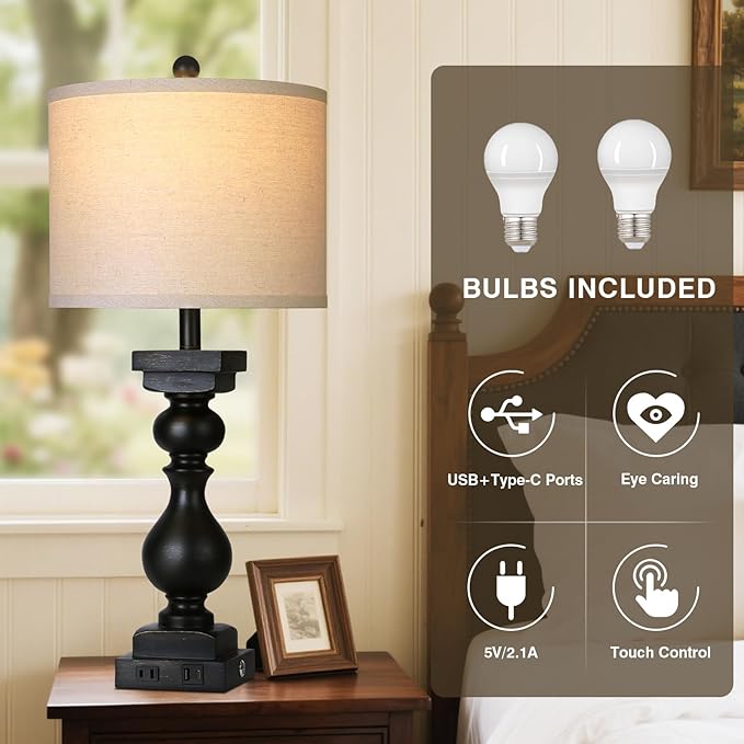 28" Tall Farmhouse Table Lamps Set of 2 with USB C+A Ports and AC Outlet, 3 Way Touch Tall Rustic Bedside Lamps for Living Room, Black Vintage Lamps for Bedroom Nightstand