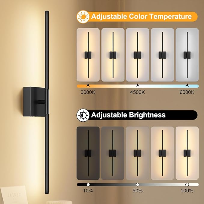 Battery Operated Wall Sconce Set of Two with Remote Control, 3000K-6000K Dimmable Black Wall Lights, Timable LED Wireless Wall Sconces, 350° Ratate for Bathroom, Living Room, Hallway 29.1 Inch