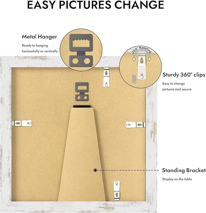 6x6 Picture Frame with Glass, Display Pictures 4x4 with Mat or 6 x 6 without Mat - Wall and Tabletop, 6 by 6 Photo Wooden Frames (Distressed White, 1 Pack)