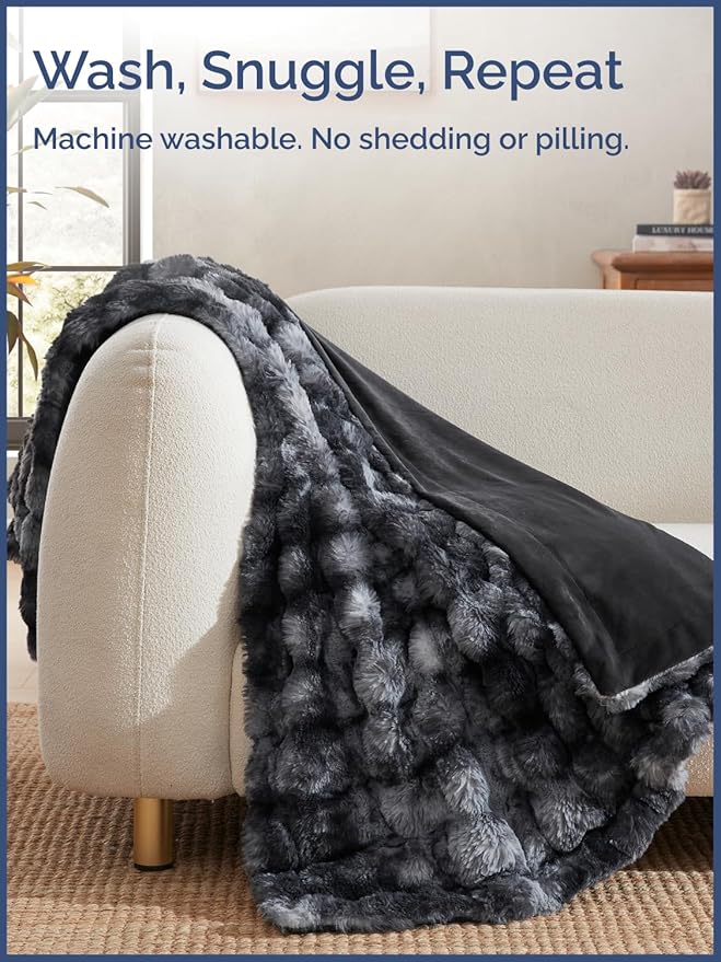 Fluffy Throw Blanket Queen Size - Faux Fur Throw for Couch or Bed - Plush Soft Extra Thick Faux Fur Rabbit Blanket - Comfy, Warm & Breathable - Luxury Minky Tie Dye Bedding - 90" x 90", Marble Black