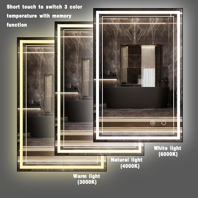 24" x 36" LED Bathroom Mirror with Lights Framed LED Mirror for Bathroom Backlit and Front Lighted Bathroom Mirror Black Square Aluminum Frame Anti-Fog Dimmable Adjustable Shatter-Proof