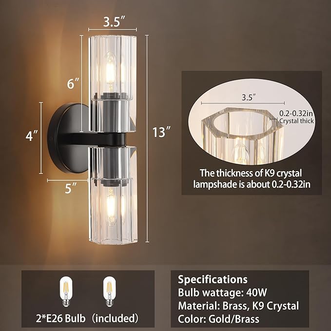 2 Light Black Crystal Wall Sconces,K9 Crystal Sconces Wall Lighting,Crystal Modern Wall Sconces Indoor Wall Light Fixtures Bedroom Wall Sconce for Bathroom,Stairway,Entryway,Hallway, Living