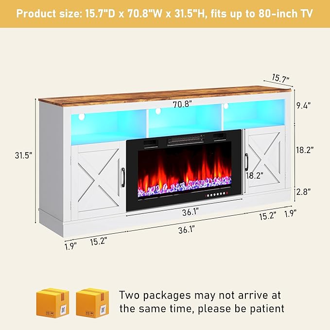 Farmhouse TV Stand with 36" Fireplace for 80" TV, 70" Entertainment Center with Barn Doors and LED Light, Tall Fireplace TV Stands for Living Room,White