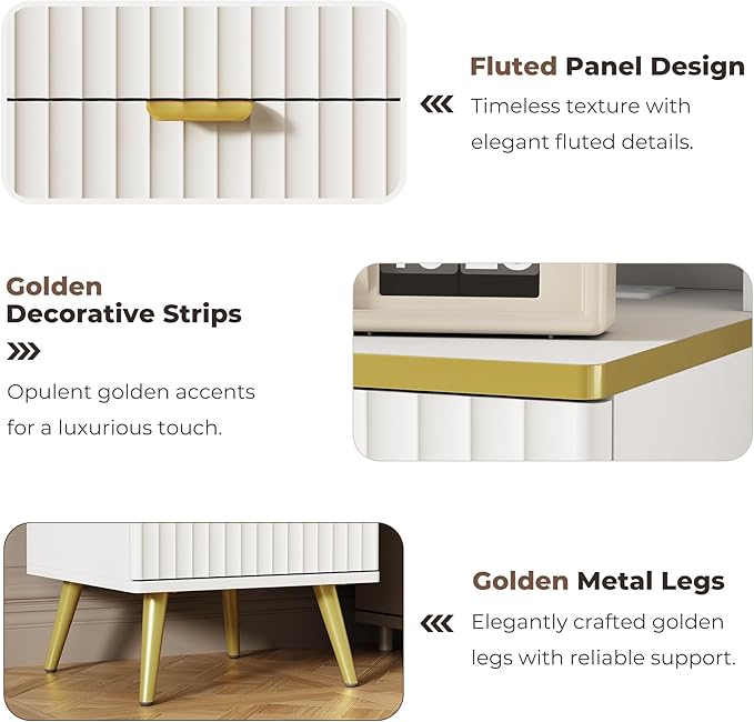 Vanity Desk with Mirror and Lights, Fluted Makeup Vanity with Glass top, 48" Big Modern Vanity with 5 Drawers & Glass Cabinet, White Vanity with 3 Lighting Modes for Bedroom