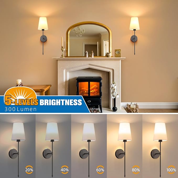 NIORSUN 25.4 inch Battery Operated Wall Sconce Set of 2,Black Rechargeable Wall Lights with 5200mAh Dimmable Detachable Bulbs and Remote,9 Colors Wireless Sconces for Bedroom Living Room Hallway