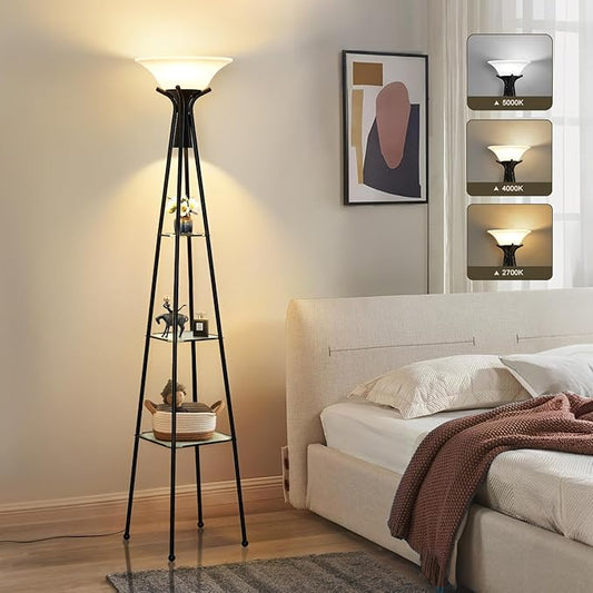 Floor Lamp with Shelves, 69” Tall Torchiere Floor Lamps for Living Room, 3-Tier Glass Shelf Lamp, Black Standing Lamp with Plastic Shade, Lamps for Bedroom, Office, 3 Color Temperatures Bulb Include