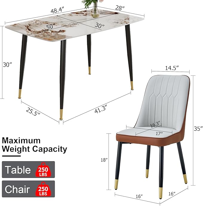 5 Pieces Modern Sintered Stone Dining Table Set 50" Rectangular Faux Marble Kitchen Table with 4 PU Leather Chair Dinner Table Set(1Faux Marble Table+4Gray and Brown Chairs)