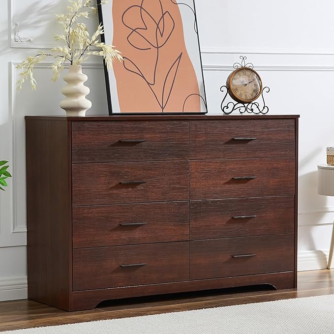 LIDYUK Dresser for Bedroom, Wood Dresser with 8 Drawers, Modern Minimalist Style Dressers & Chests of Drawers, 48 Inches Wide Chest of Drawers for Bedroom, Hallway, Dark Cherry