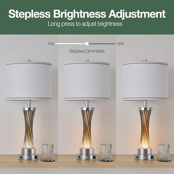 3-Way Dimmable Table Lamp Set of 2,Touch Control Lamp with Night Light,Modern Crystal Table Lamps for Bedroom,Living Room，Bedside Lamps with USB A+C Ports，Fabric Lampshade(Blubs Included)