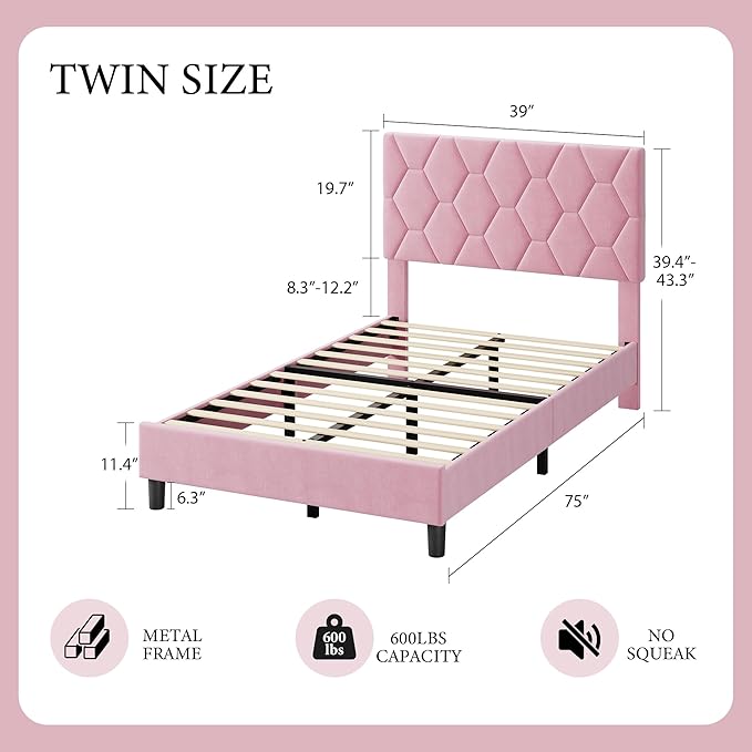 GAOMON Pink Twin Bed Frame with Upholstered Headboard, Heavy-Duty Platform Bed Frame with Strong Wood Slats, No Box Spring Needed/Noise Free/Easy Assembly