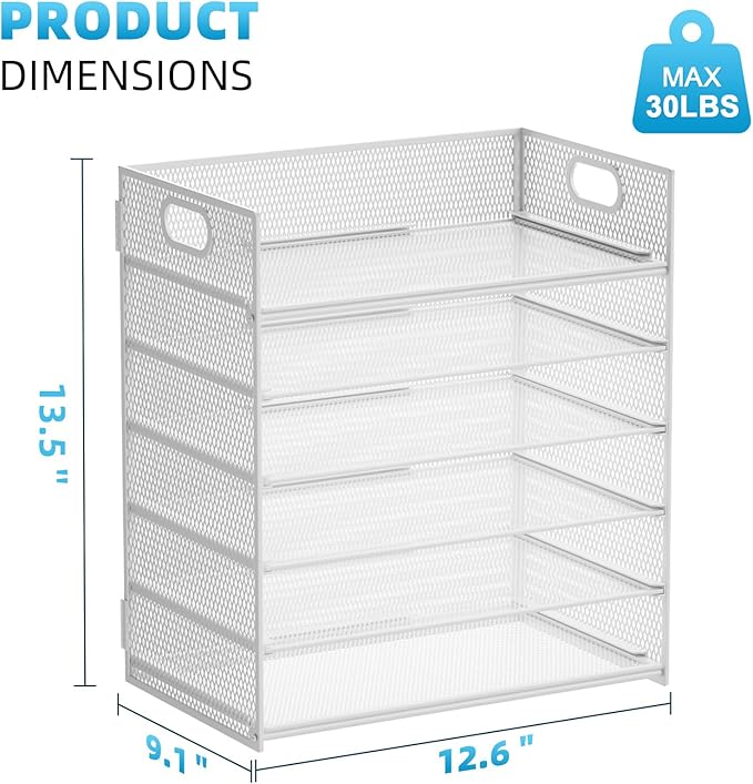 Marbrasse 2 Pack Desk Organizer with Handle, 6 Tier Paper Letter Tray, Mesh Desk File Organizer for Office, School and Home - Whtie