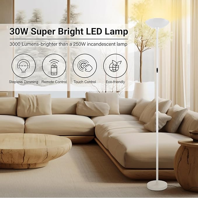 BoostArea Dimmable Floor Lamp,30W 3000LM Super Bright LED Torchiere Standing Lamp with Remote & Touch Control,71 in Tall Pole Sky Modern Floor Lamps for Living Room Bedroom Office,2700k-6500k,White