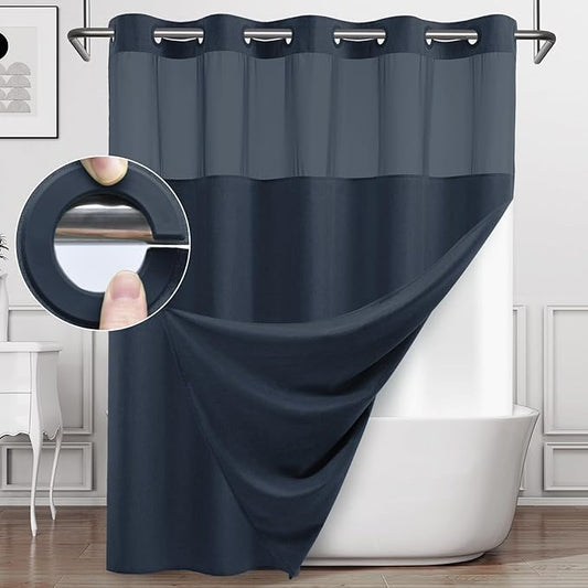 Extra Long No Hook Shower Curtain with Snap in Liner, Polyester Textured Shower Curtain with Liner Set, Waterproof Washable Hotel Style Shower Curtains for Bathroom, 71Wx86H, Navy