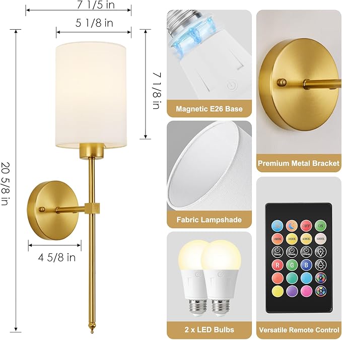 Battery Operated Wall Sconces Set of Two,Wireless Rechargeable Wall Light With Remote Control, Dimmable, Amber Light/Warm White/Natural White/Daylight/RGB, Timer,for Living Room,Bedroom,Entryway,Gold