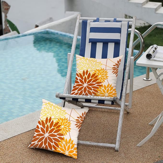 Brown Yellow Fall Pillow Cover 18X18 Inch Set of 2 Outdoor Waterproof Floral Brown Decorative Pillowcase Decor for Couch Patio Funiture Garden Print Polyester Cushion Cover 01M18