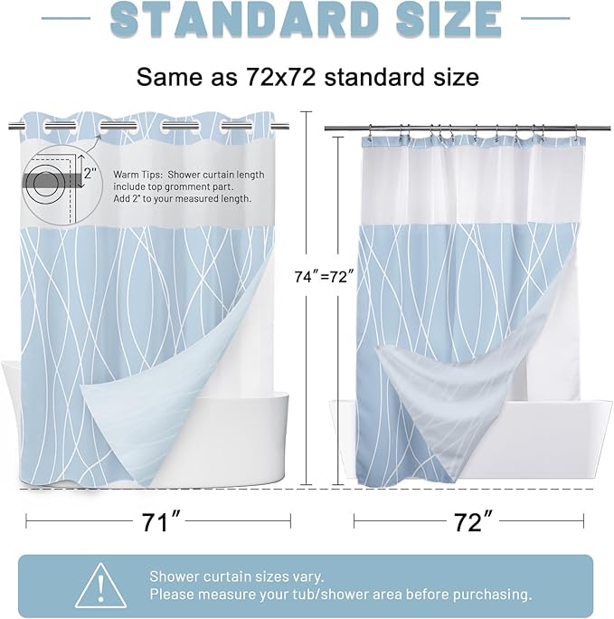 No Hook Light Blue Striped Shower Curtain with Snap in Liner Set - Hotel Shower Curtain and Liner Set with See Through Mesh Top Window,Machine Washable, 71x74 INCH