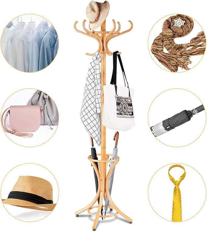 Tangkula 75.5" Standing Coat Rack, Wood Coat Tree with 12 Hooks, Home Hat Jacket Hanger Tree 12 with Umbrella Holder Coat Stand (Oak)