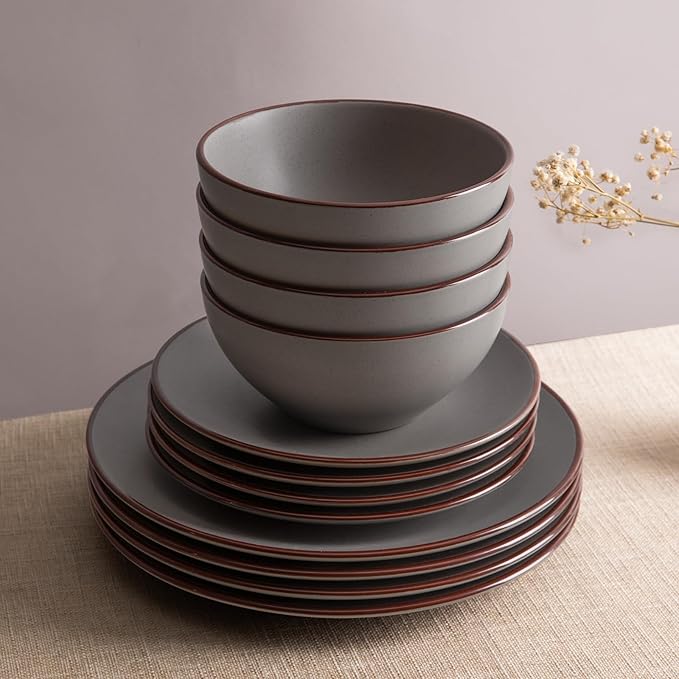 Famiware Venus Ceramic Plates and Bowls Sets, Speckled Dinnerware Dish Sets for 8 (24 Pieces) - Microwave and Dishwasher Safe, Matte Dark Grey