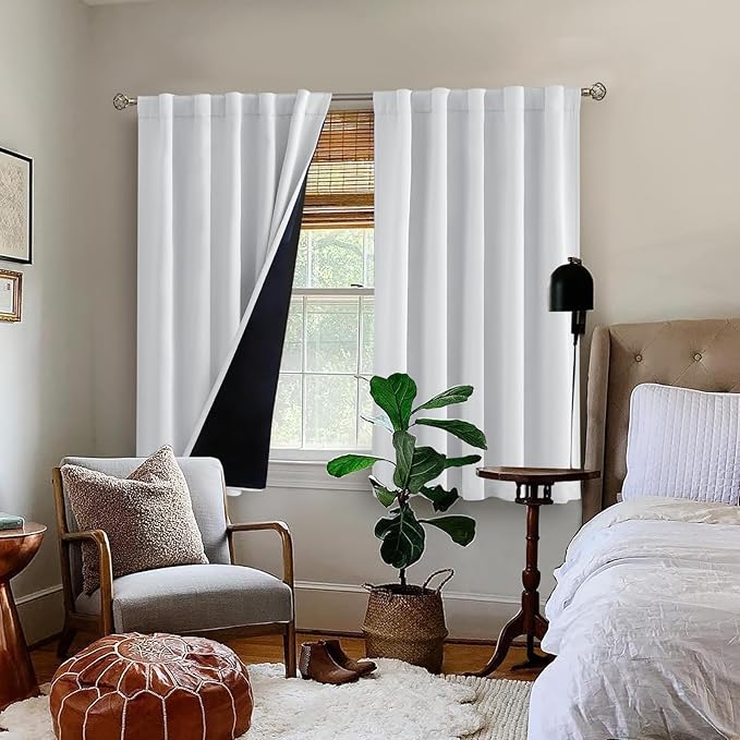BGment Greyish White 100% Blackout 48 Inch Curtains for Small Window, Rod Pocket and Back Tab Double Layer Black Out Thermal Insulated Room Darkening Curtain for Kitchen, 2 Panels, Each 42 x 48 Inch