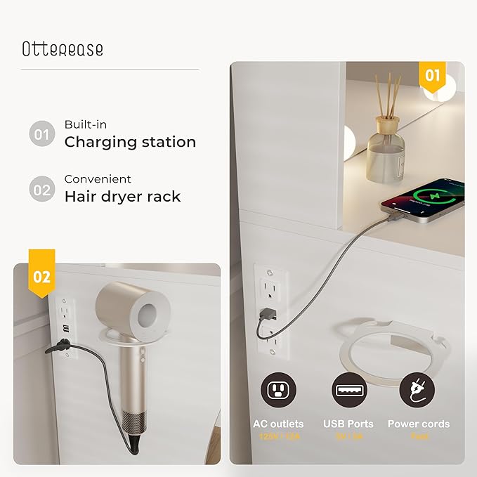 Vanity Desk with LED Lighted Mirror, Makeup Vanity with 3 Adjustable Lights, 2 Large Drawers and 4 Open Shelves, White Vanity with Storage Stool for Bedroom