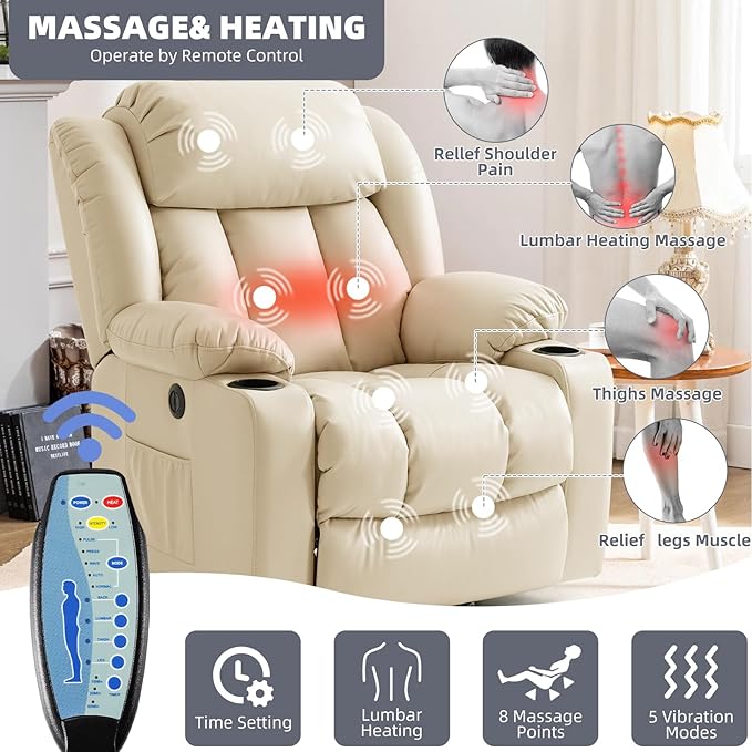 Power Lift Recliner Chair for Elderly, Electric Recliner Chairs for Adults with Massage and Heat, Cup Holders, Remote Control, USB Ports, Side Pockets, Leather (Cream)