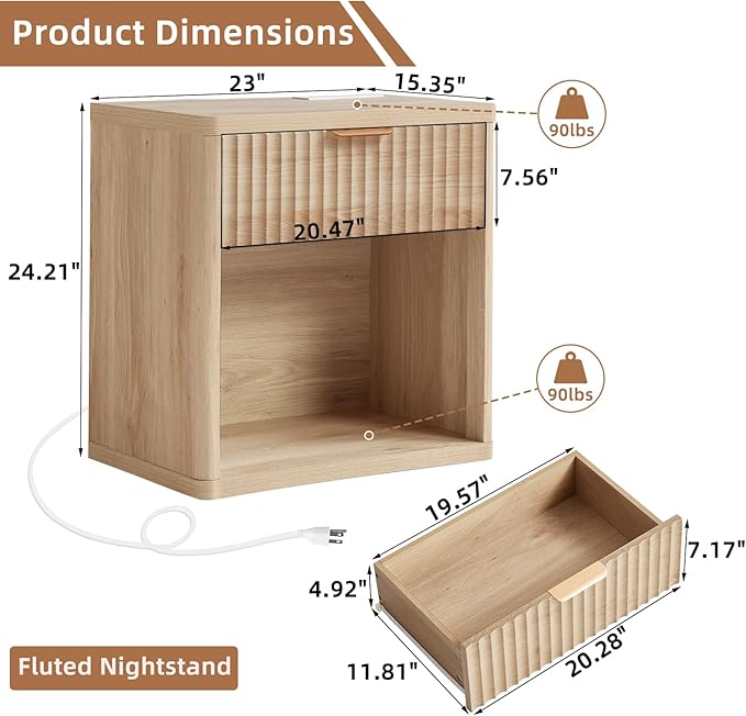 LEYAOYAO Fluted Farmhouse Nightstand Set of 2 with Charging Station, 23" Wide 1 Drawers Night Stand,Natural Dresser for Bedroom,Bed Side Table Chest of Drawers,Wood End Table for Living Room