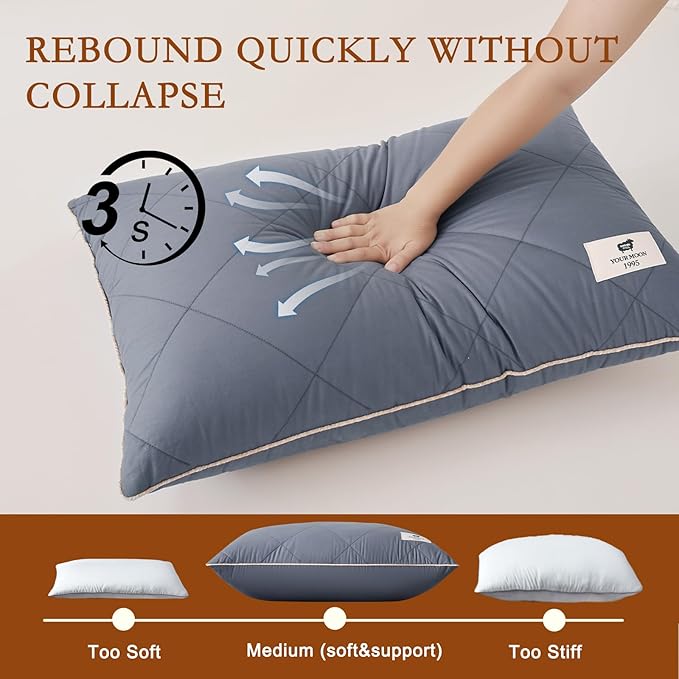 YOUR MOON Organic Wool Pillow King Size Set of 2, Soft Support Bed Pillows for Sleeping, Luxury Down Alternative Pillow for Side & Back Sleepers, 100% Cotton Cover, Natural Wool Filling (Gray)