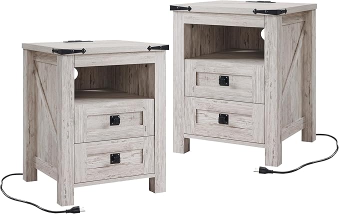 T4TREAM Farmhouse Nightstand Set of 2 with Charging Station, Rustic End Table with 2 Drawers, Storage Open Shelf for Bedroom, Living Room, Wood Side Table, Antique Brush White