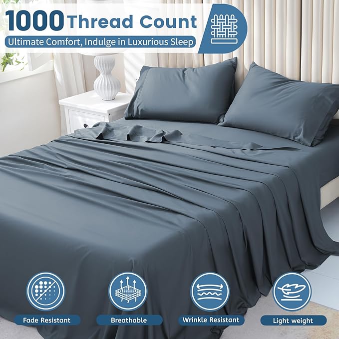Bedlifes 1000 Thread Count 100% Egyptian Cotton Queen Size Sheets Set - Sateen Soft Silky Breathable Luxury Cooling 4 Pieces (Lake Blue)