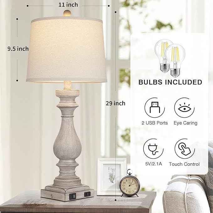 27.5" Farmhouse Table Lamp for Living Room Set of 2,Vintage Bedside Lamps with USB C+A Ports & AC Outlet,3-Way Dimmable Touch Control Gray Washed Finish Nightstand for Bedroom, Gray