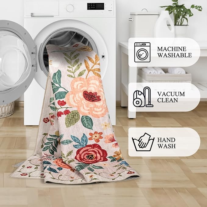 DUKINO 8x10 Area Rug, Floral Rugs for Living Room, Lightweight Non Slip Washable Rug, Indoor Low Pile & Non-Shedding Boho Design Rugs for Bedroom, Living Room, Dining Room, Beige